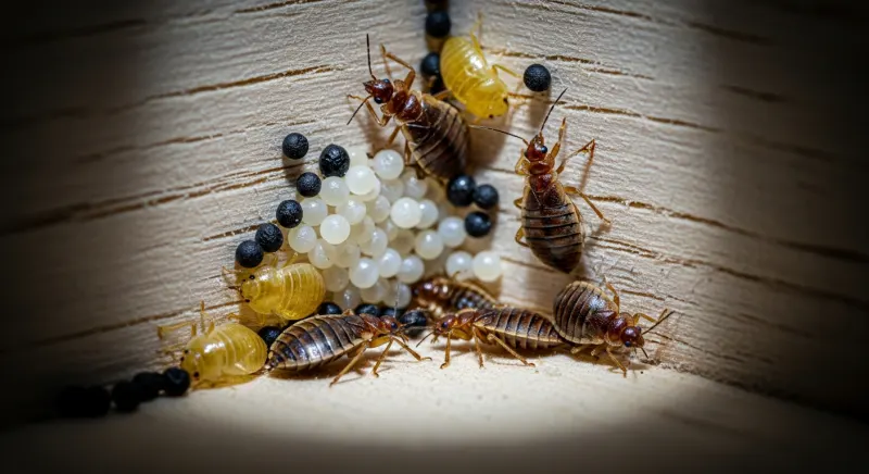 Nid de punaise de lit dans un sommier avec œufs et déjections visibles