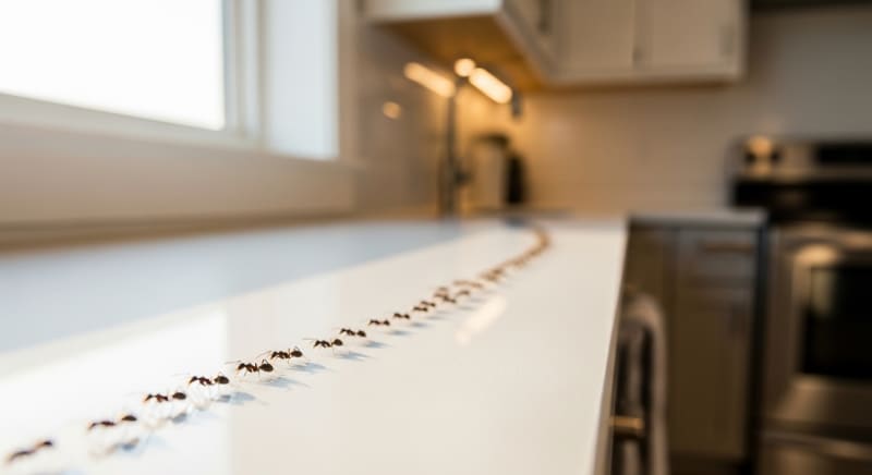 File indienne de fourmis noires sur un plan de travail de cuisine moderne