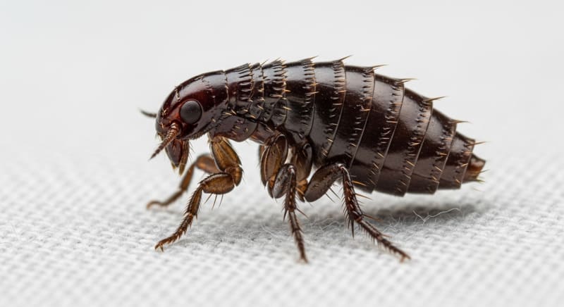 Photo macro d une puce vue de profil montrant son corps aplati lateralement et ses epines