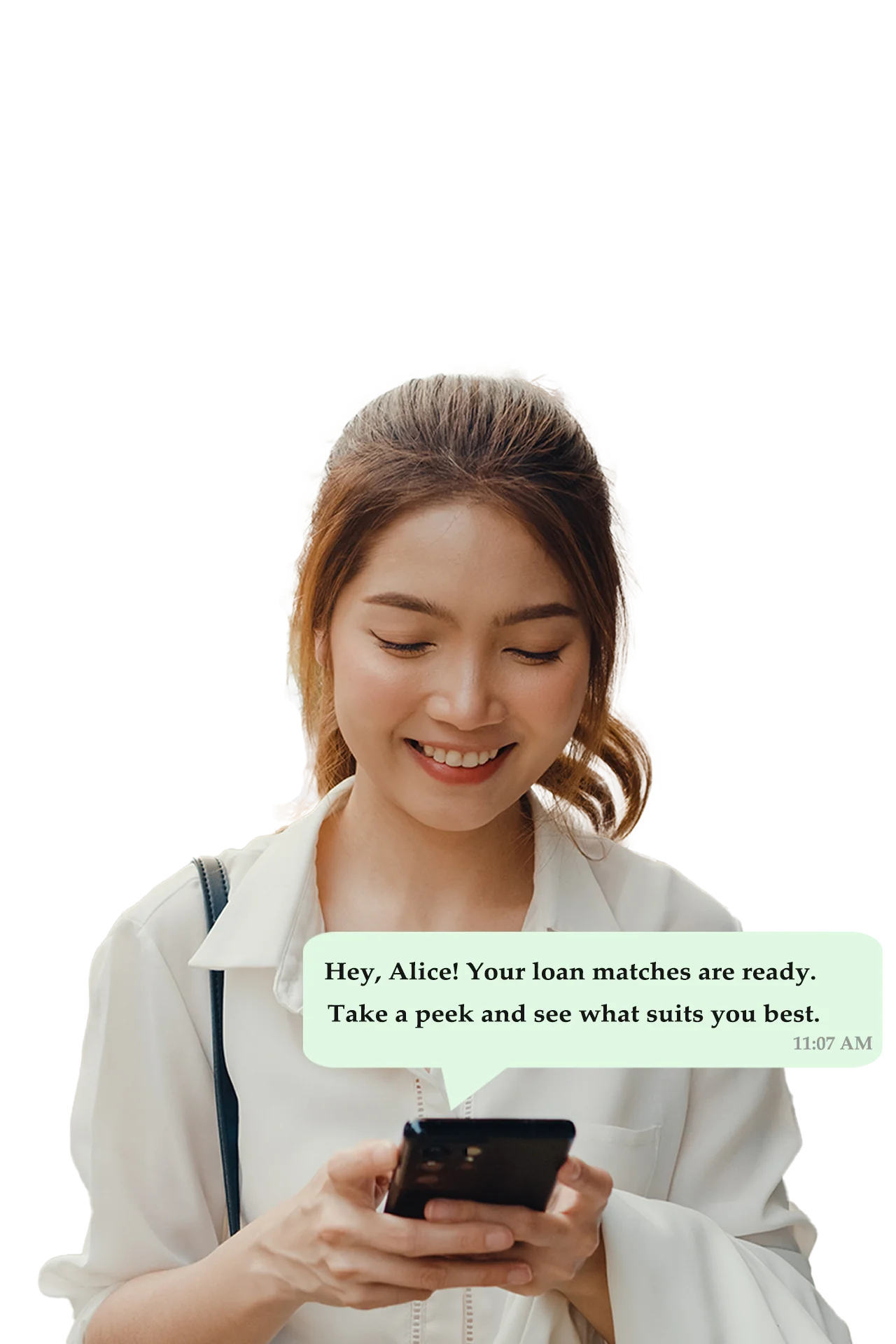 Smiling young woman excitedly receiving loan offers through Lend Advisor platform