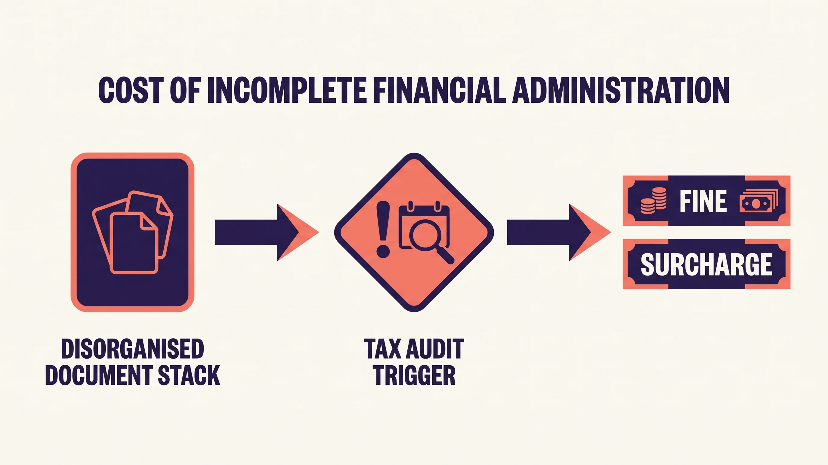 Infographic van de drie stappen van onvolledige administratie naar boete en naheffing bij de Belastingdienst