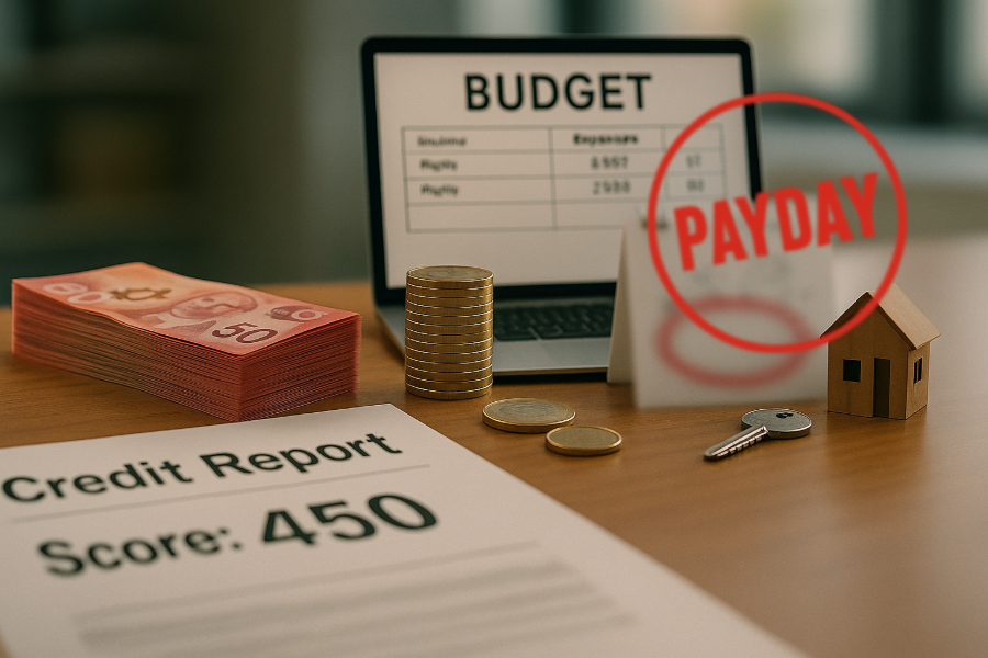 A visual comparison of a bad credit score (450) alongside symbols of stable income, including a budget, cash, and a payday calendar.