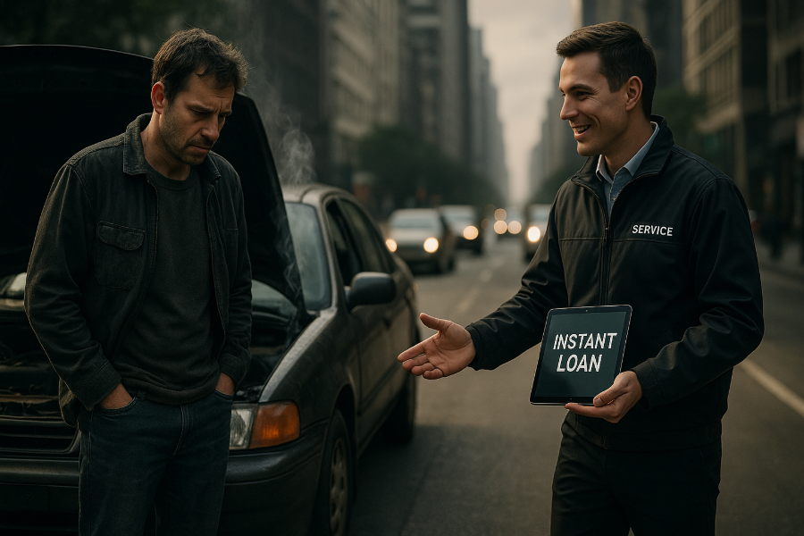 A man needing an emergency car repair is offered a fast Instant Loan by an alternative lender, symbolizing help for bad credit.