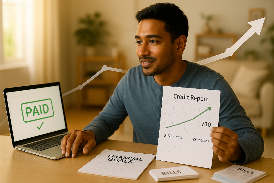 Man showing an improved credit score of 730 on a credit report, with a laptop confirming a PAID bill, symbolizing positive financial habits