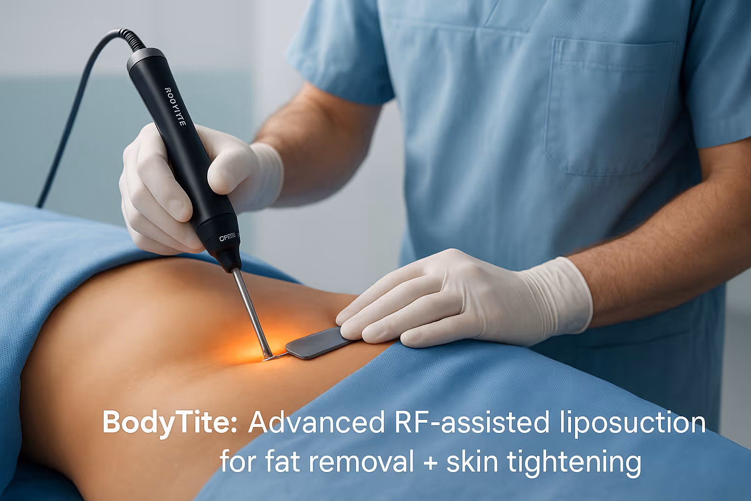 BodyTite RF-assisted liposuction for fat removal and skin tightening, showing a surgeon operating the device on a patient