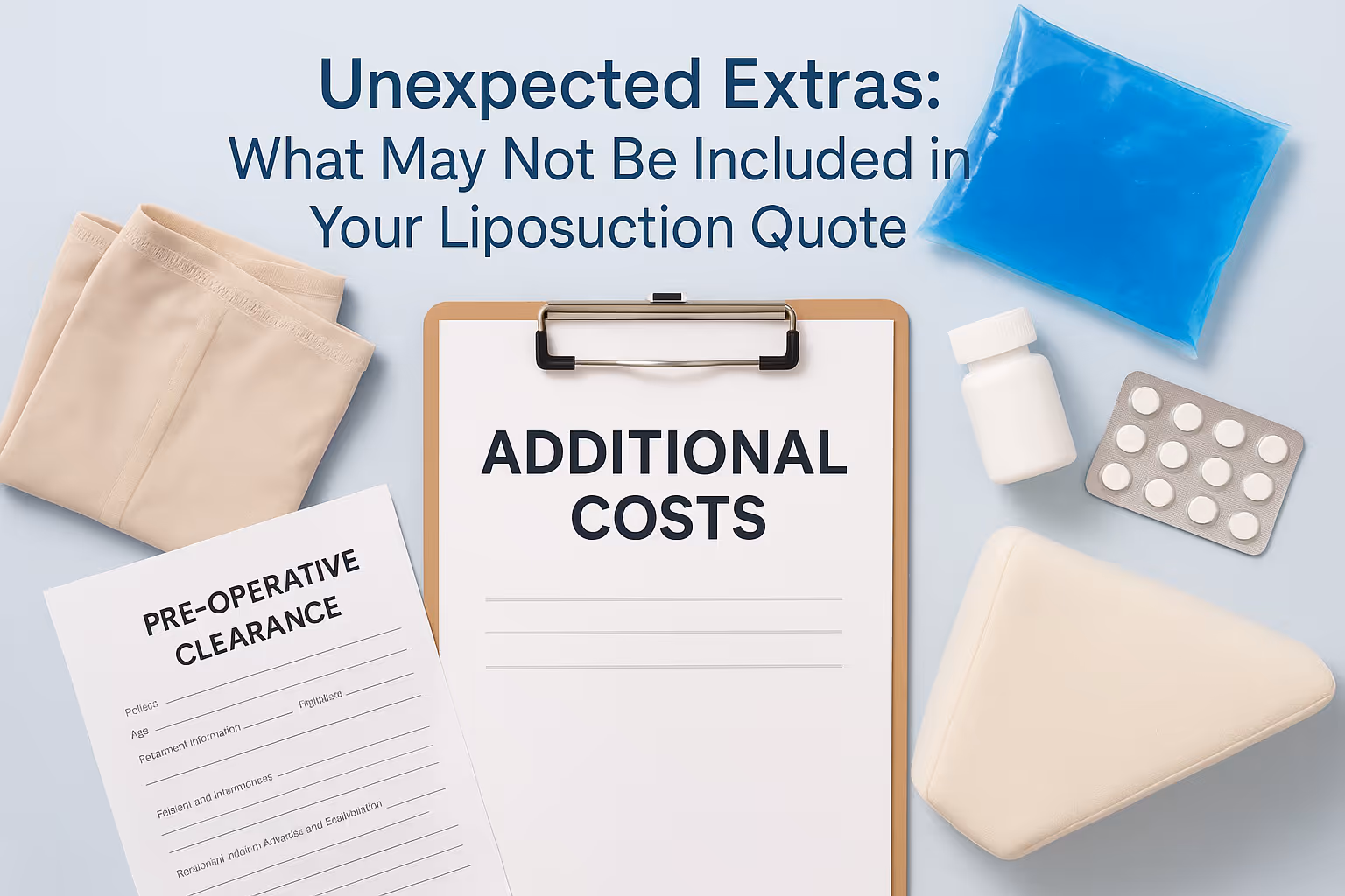 A visual guide to the additional costs of liposuction, including pre-operative clearance, compression garments, medication, and post-op supplies
