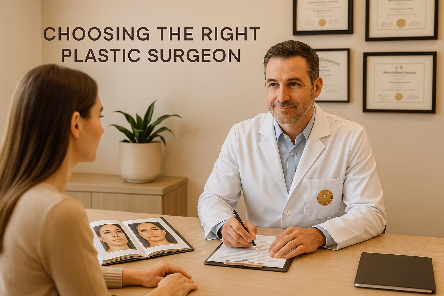 A female patient in a consultation with a friendly plastic surgeon, who is smiling and holding a pen over a form. The image has text that reads Choosing the right plastic surgeon and shows before-and-after photos on the desk and framed credentials on the wall