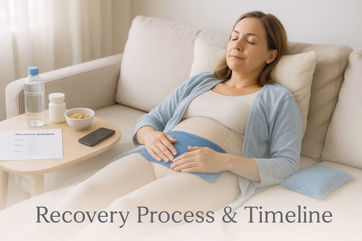 A woman wearing a compression garment rests comfortably on a sofa with her eyes closed, holding a blue ice pack on her abdomen. A Recovery Schedule and medication are on a side table. The image is titled Recovery Process & Timeline