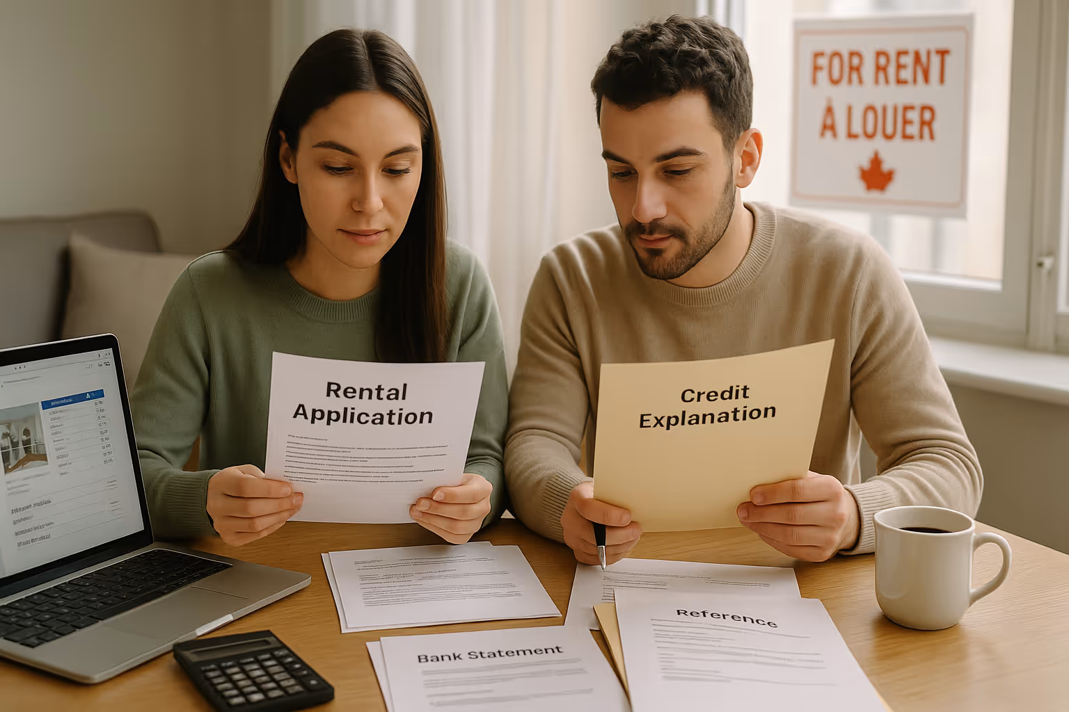 A couple reviews rental application documents at a table. The woman holds a Rental Application form, and the man holds a Credit Explanation letter. Other documents like a bank statement and a For Rent / À Louer sign with a Canadian flag are visible in the background, suggesting they are applying for an apartment in Canada