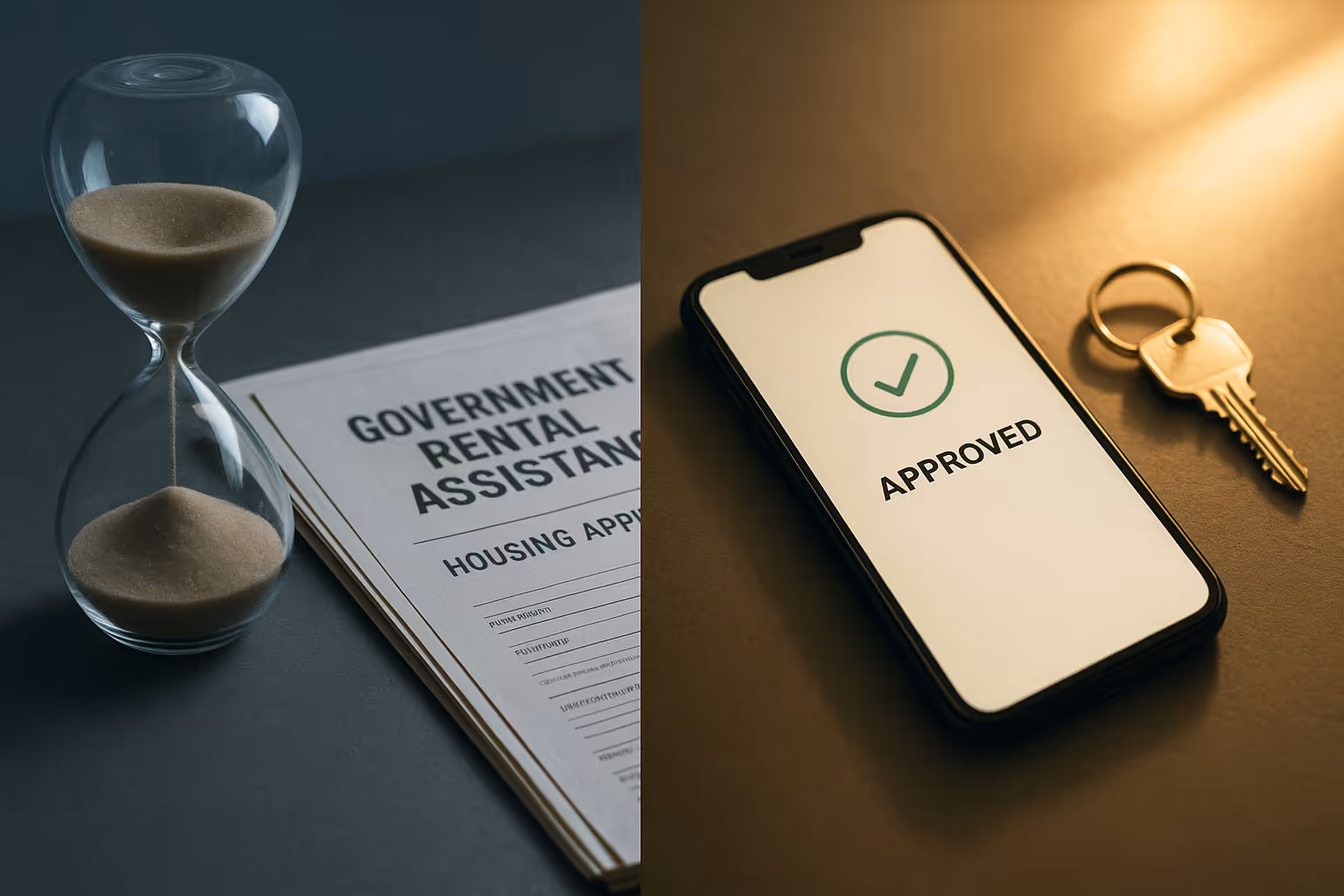 A split-screen comparison: the left shows an hourglass and Government Rental Assistance forms symbolizing long wait times, while the right shows a smartphone with an Approved screen and a house key, symbolizing fast funding from alternative lenders