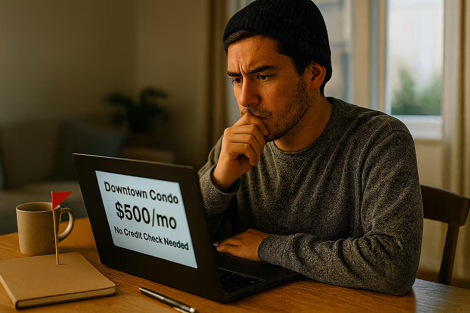 A skeptical man reviews a suspicious rental listing on his laptop reading "Downtown Condo $500/mo" and "No Credit Check Needed." A miniature red flag on the desk symbolizes potential rental scams and deals that are too good to be true
