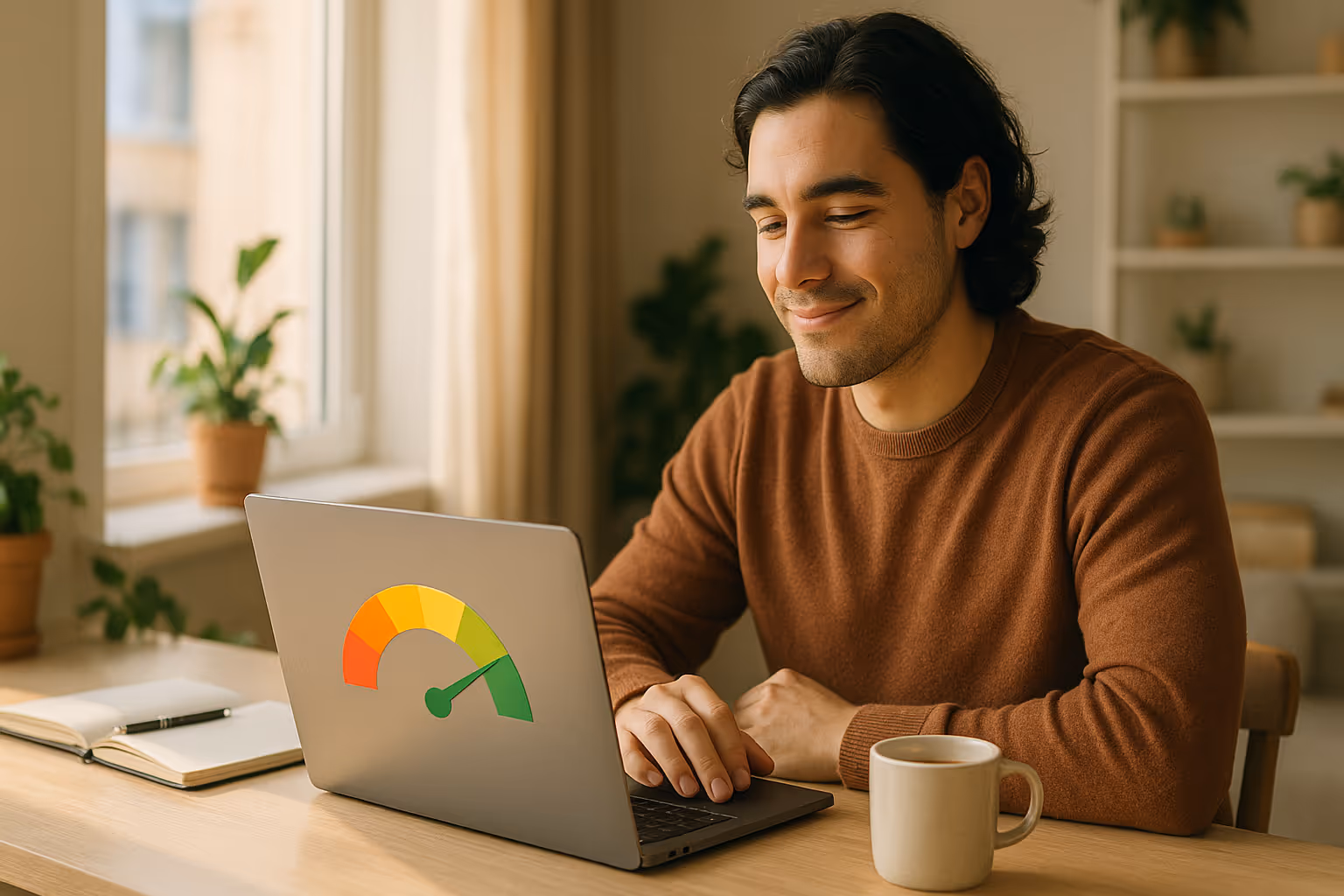 A smiling man looks at his laptop, which displays a colorful gauge showing a positive credit score or financial health indicator, symbolizing successful credit improvement