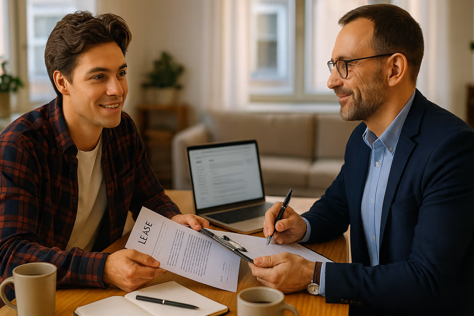 A smiling tenant and a landlord in a suit sit at a table, discussing a document labeled LEASE, illustrating a successful negotiation and agreement