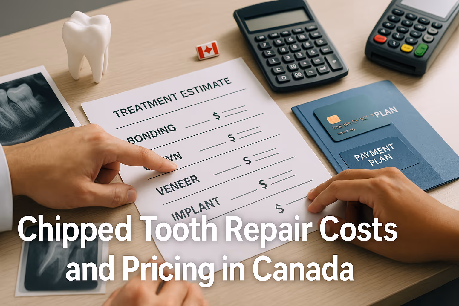Patient reviewing dental treatment cost estimate for chipped tooth repair in a Canadian clinic with payment options and calculator on desk