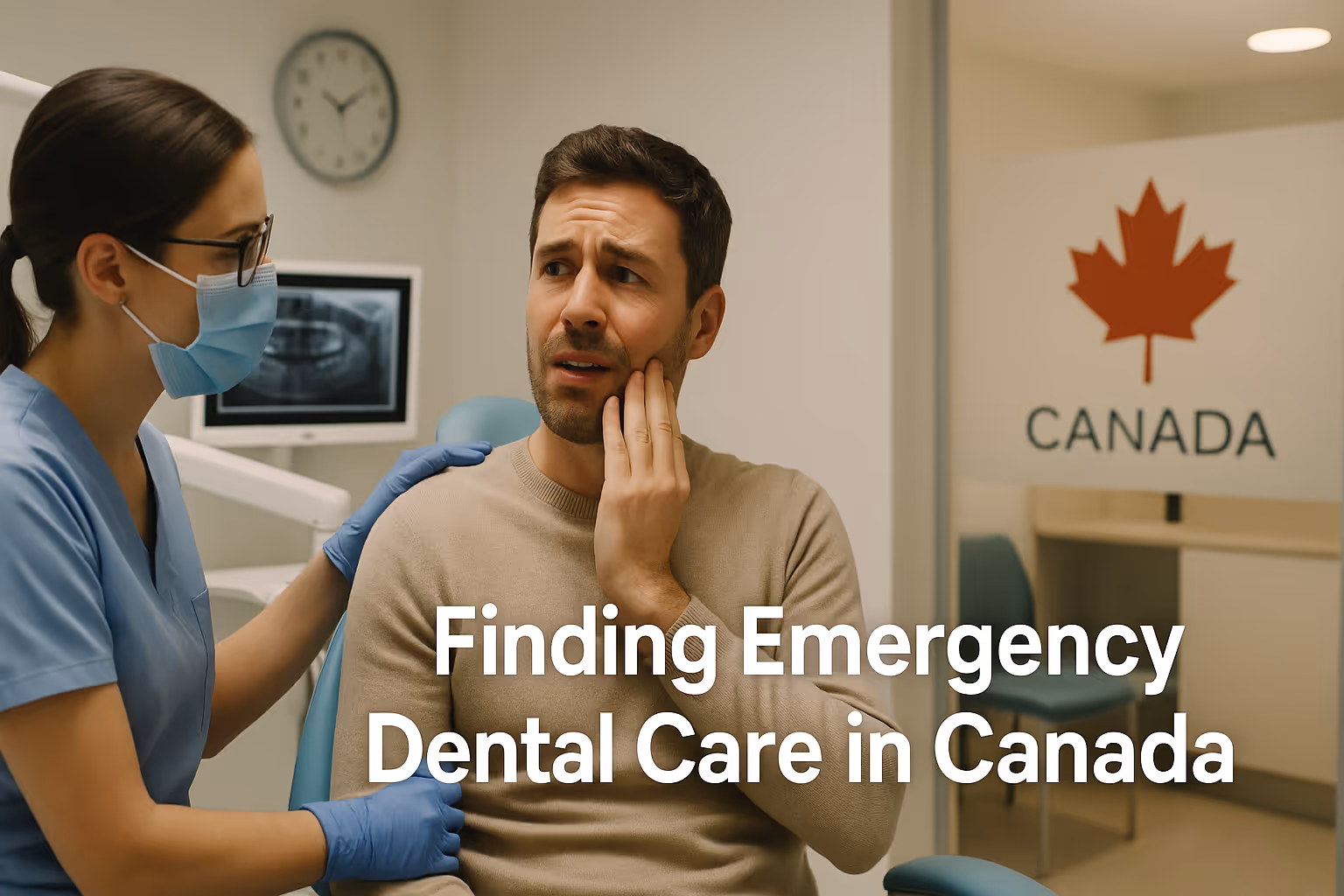 Dentist providing emergency chipped tooth treatment to patient in modern Canadian dental clinic after hours