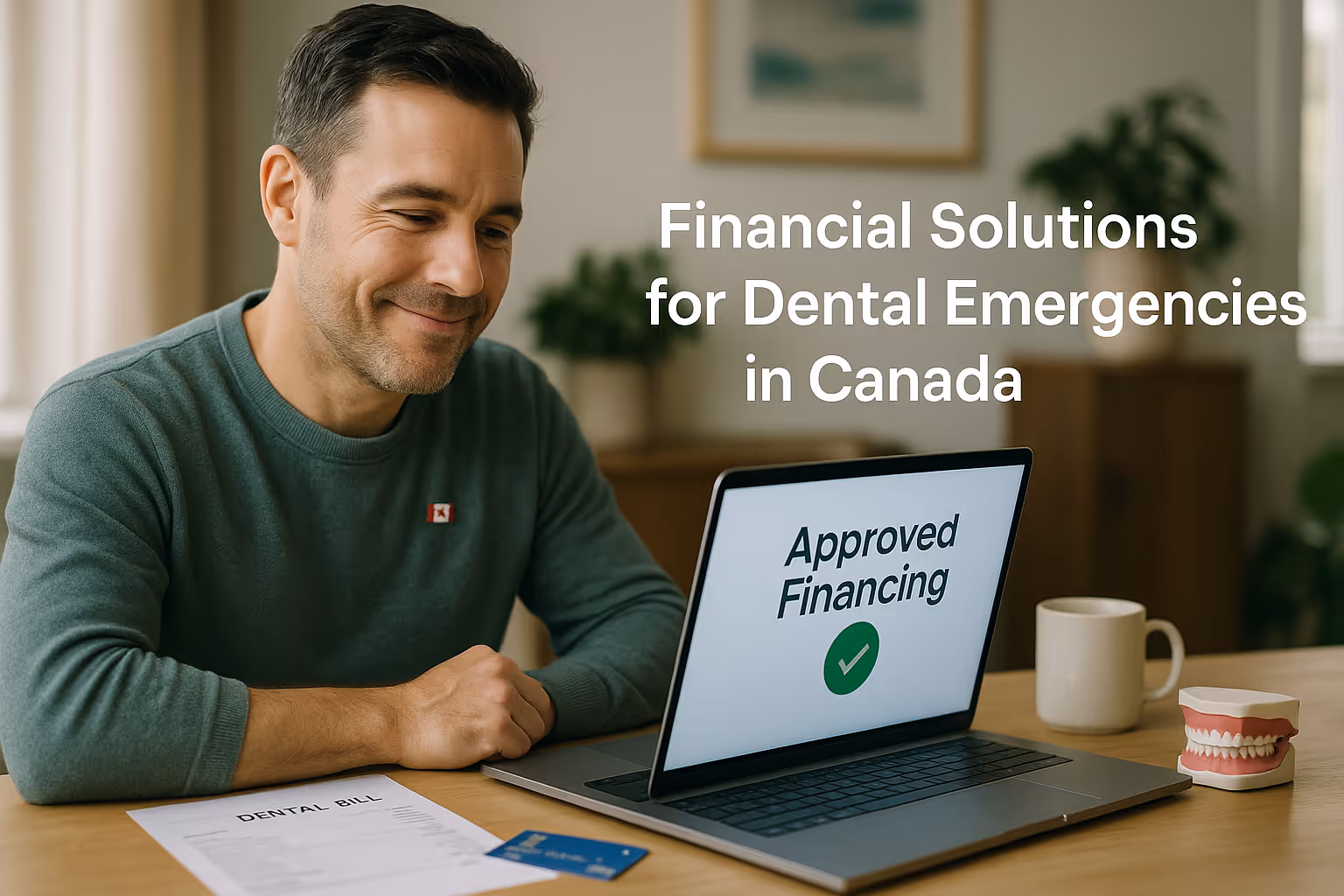 Canadian patient reviewing approved dental financing options for emergency chipped tooth treatment using Loan Boys and AvenaWise on laptop