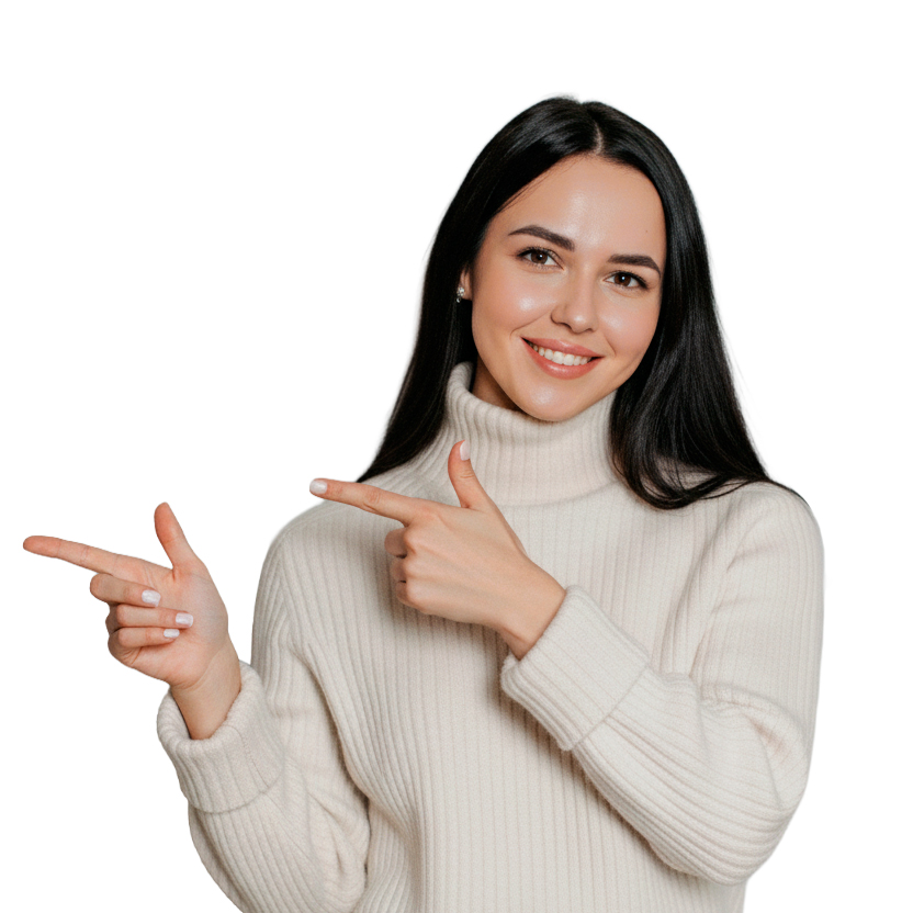 Smiling woman with long dark hair wearing a white turtleneck sweater pointing to the left with both hands. This is customer experience manager Flat Roof Pros company