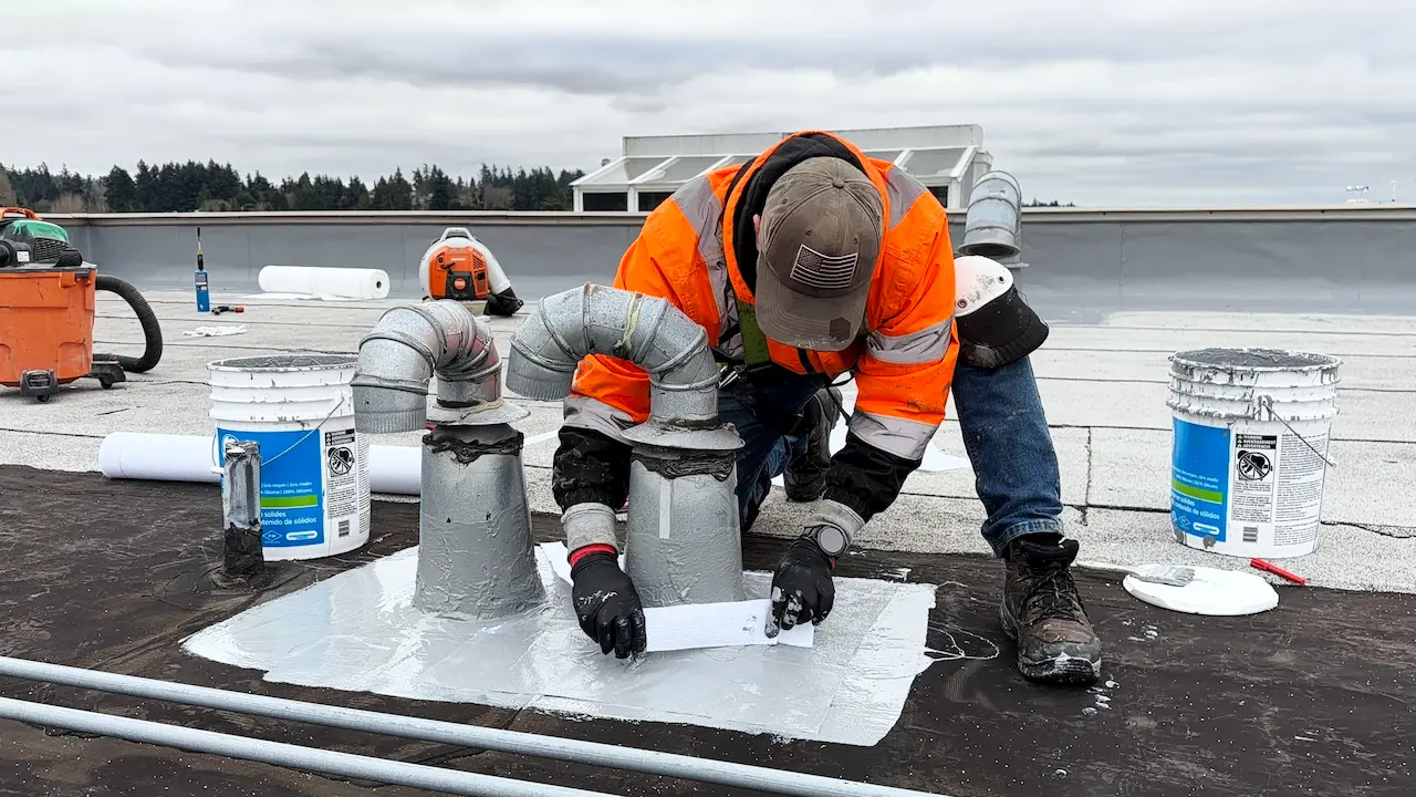 Commercial roofer welding PVC membrane seams on a flat roof in Washington, ensuring waterproofing and durability during a professional roof replacement by Flat Roof Pros.