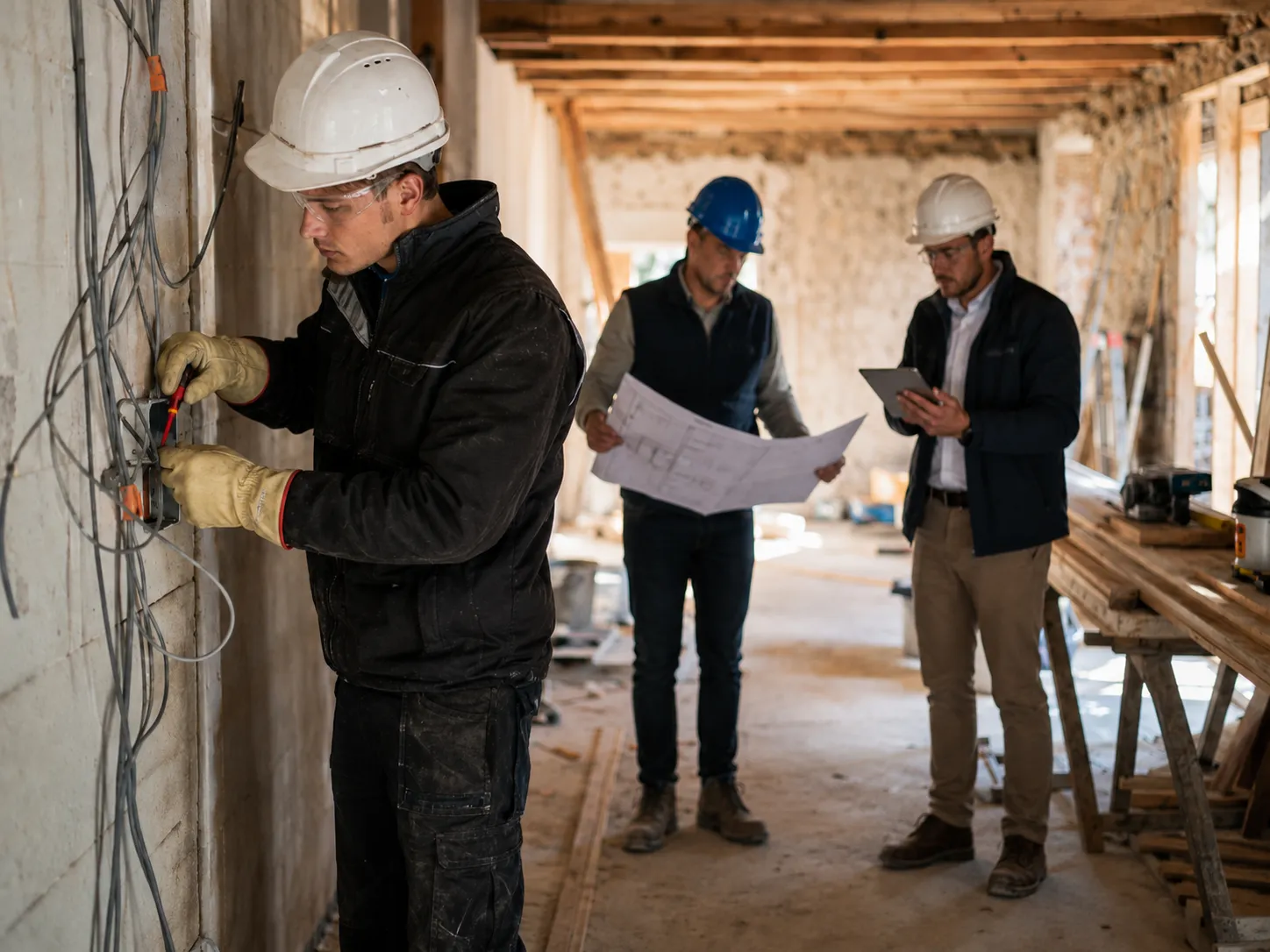 Trois techniciens sur un chantier de BTP