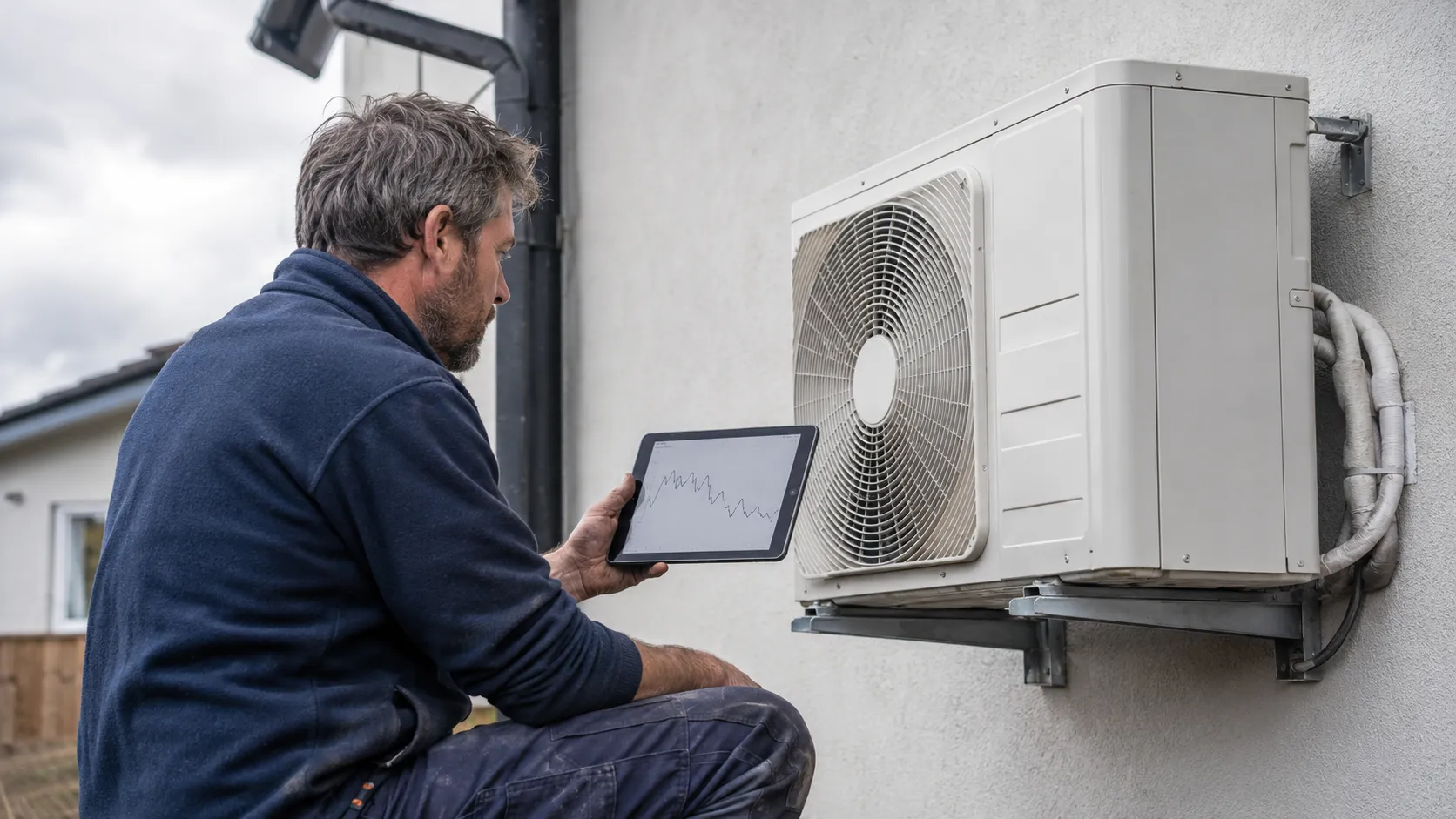 Technicien inspectant une climatisation extérieure