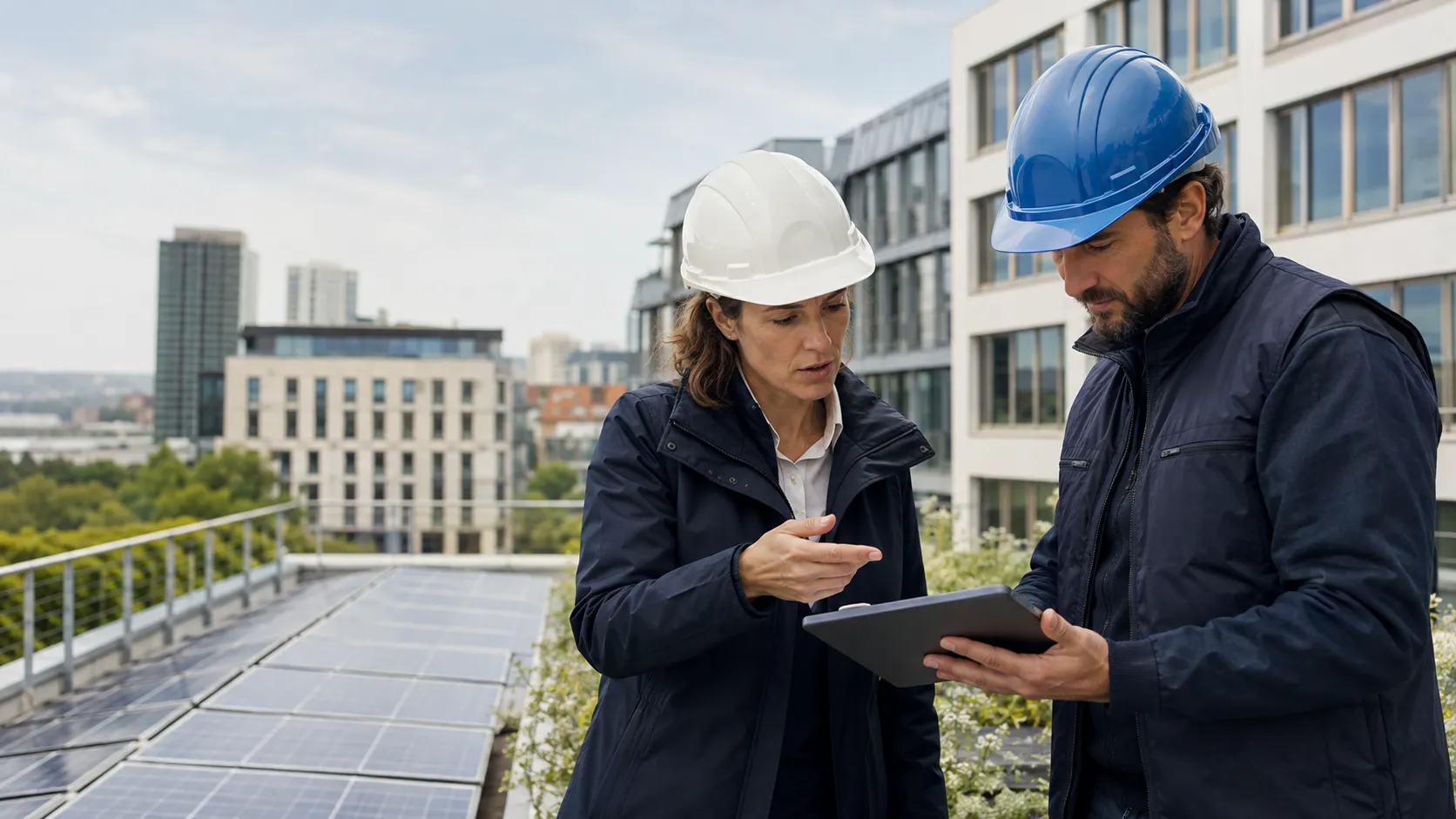 Deux professionnels de la transition énergétique en train de relever des informations sur un bâtiment