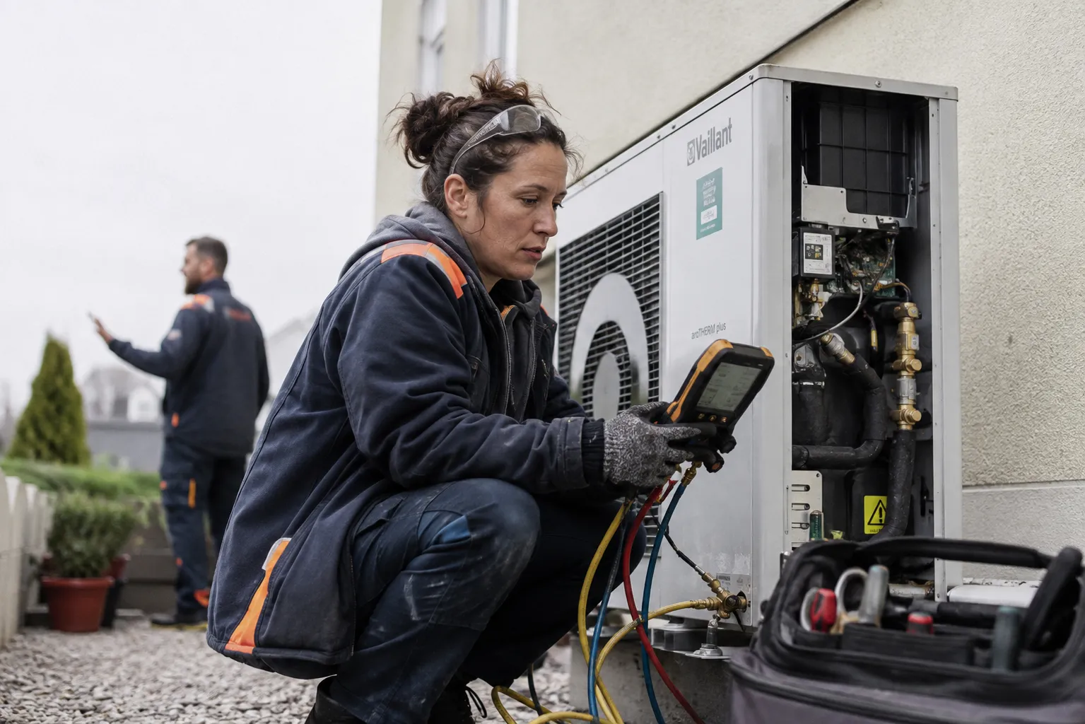 Technicienne de maintenance relevant les paramètres d'une pompe à chaleur en intervention chez un particulier