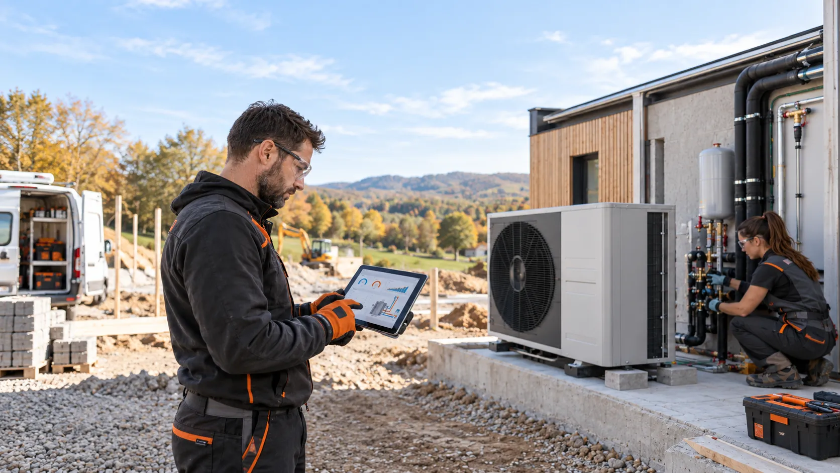 Deux techniciens installent une pompe à chaleur en plein air