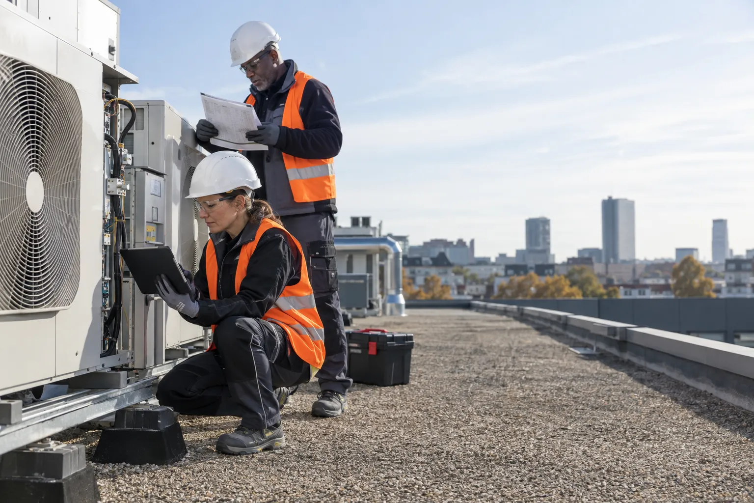 Deux techniciens inspectent une unité HVAC sur un toit
