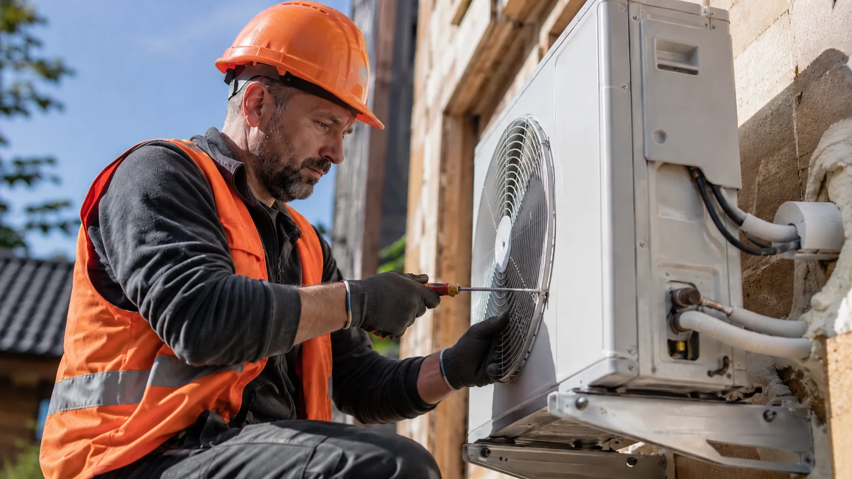 Technicien réparant une climatisation extérieure