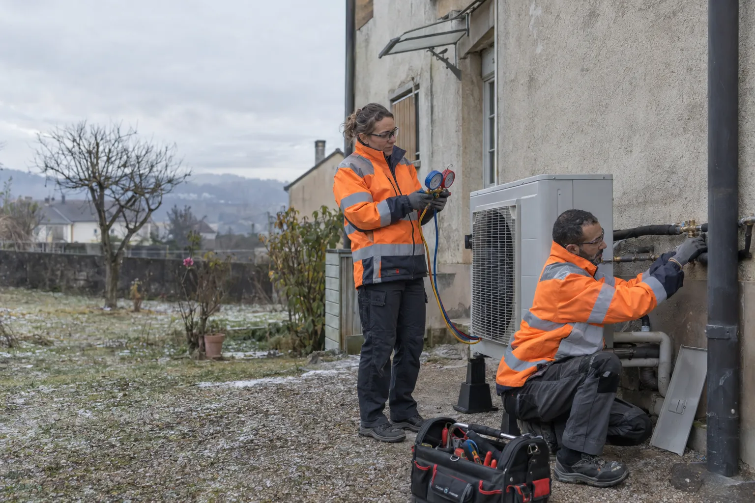 Deux techniciens en équipements de protection entretiennent l'unité extérieure d'une pompe à chaleur sur une maison individuelle.
