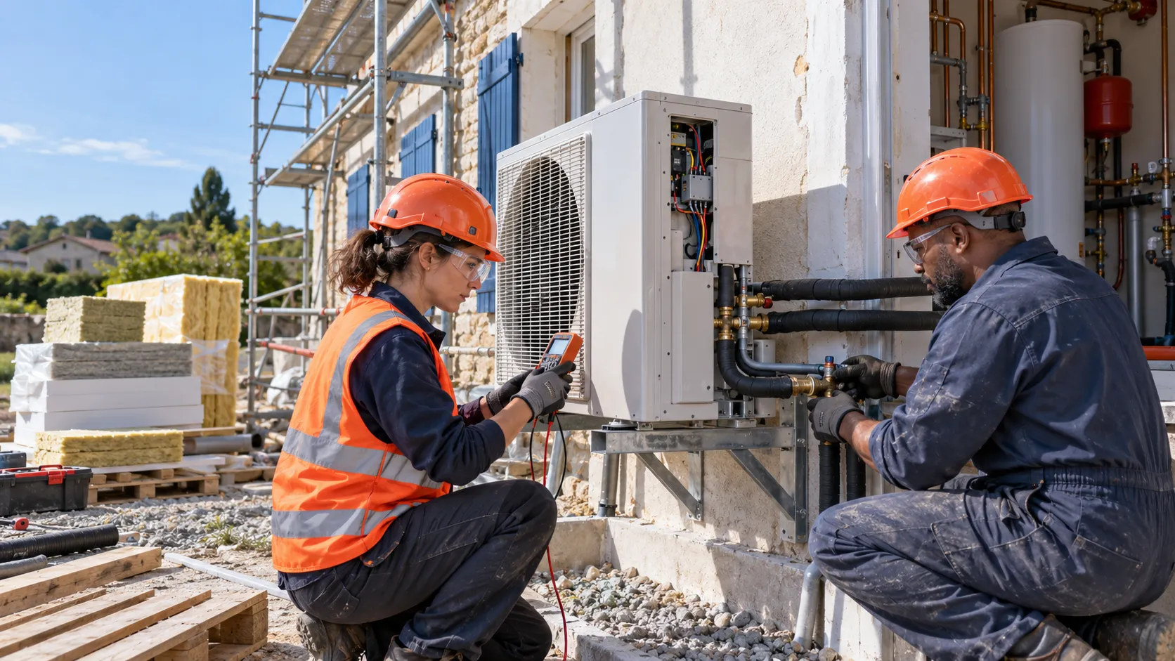 Technicienne et technicien installent une pompe à chaleur sur un chantier de rénovation énergétique, l'un des métiers les plus recherchés en France