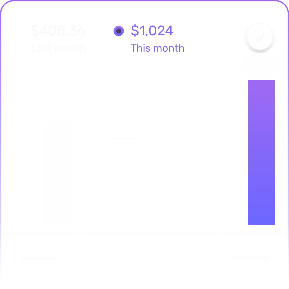 Chart showing monthly revenue growing from $408 to $1,024
