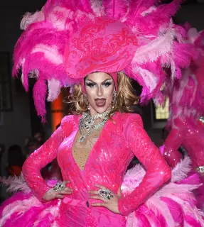 een drag queen volledig in het rose tijdens een optreden op een corporate event