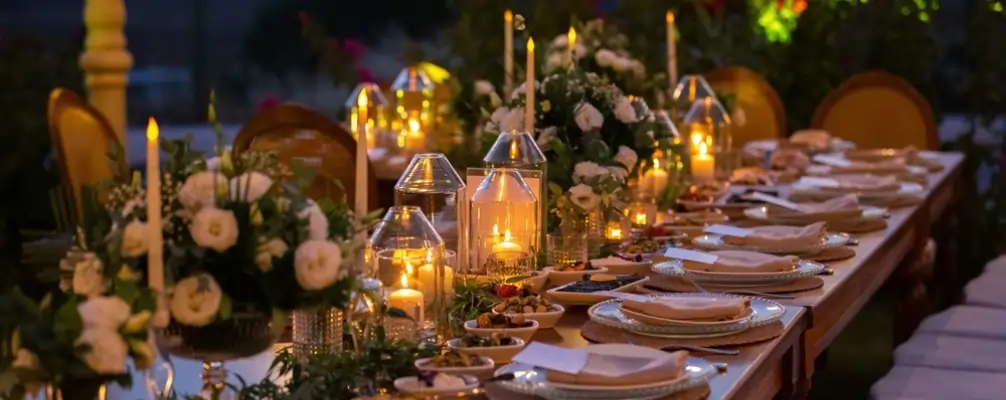 Babyborrel organiseren met stijvolle lange tafel voor het avond diner