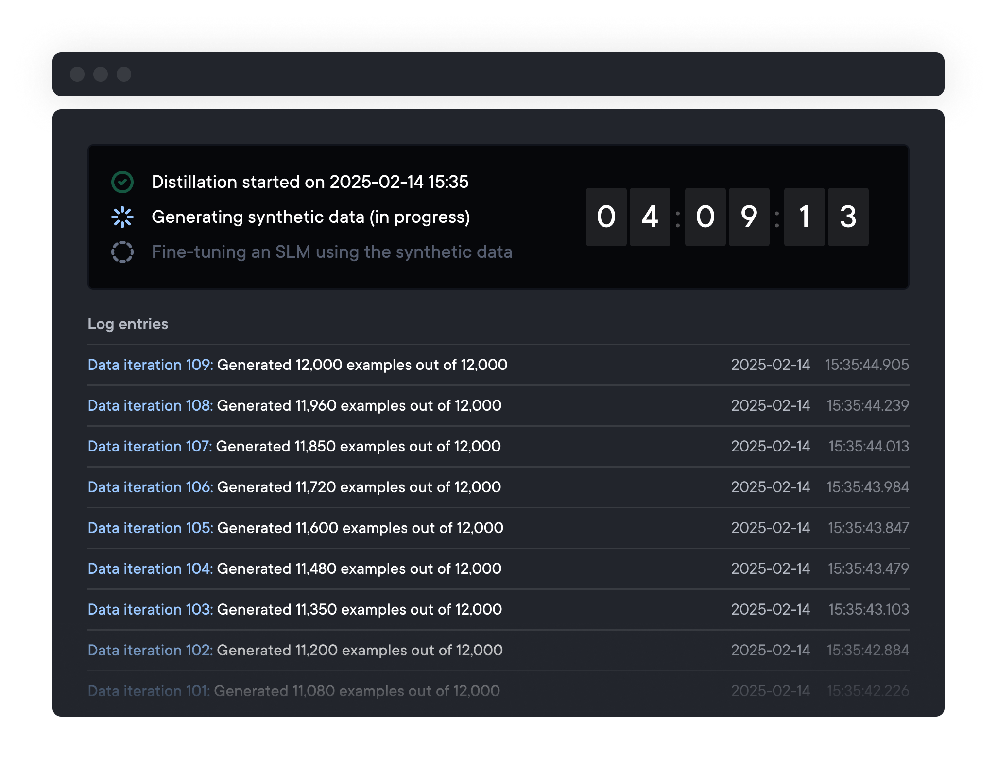 UI component showing the distillation process details. It displays current status, timer measuring the SLM distillation, and log entries.