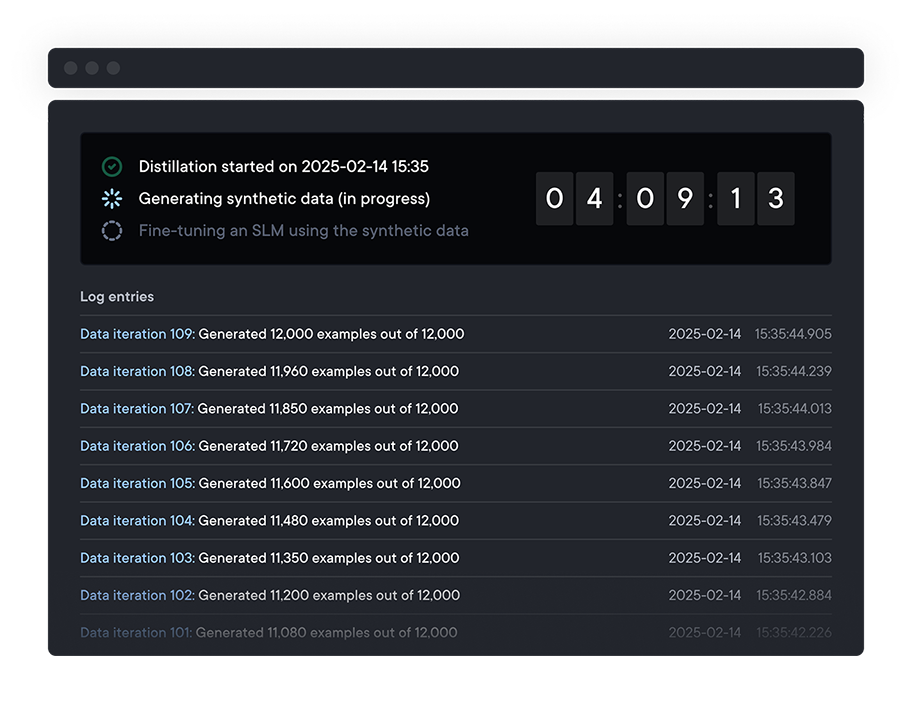UI component with the distillation process details. It displays current status, timer measuring the SLM distillation, and log entries.