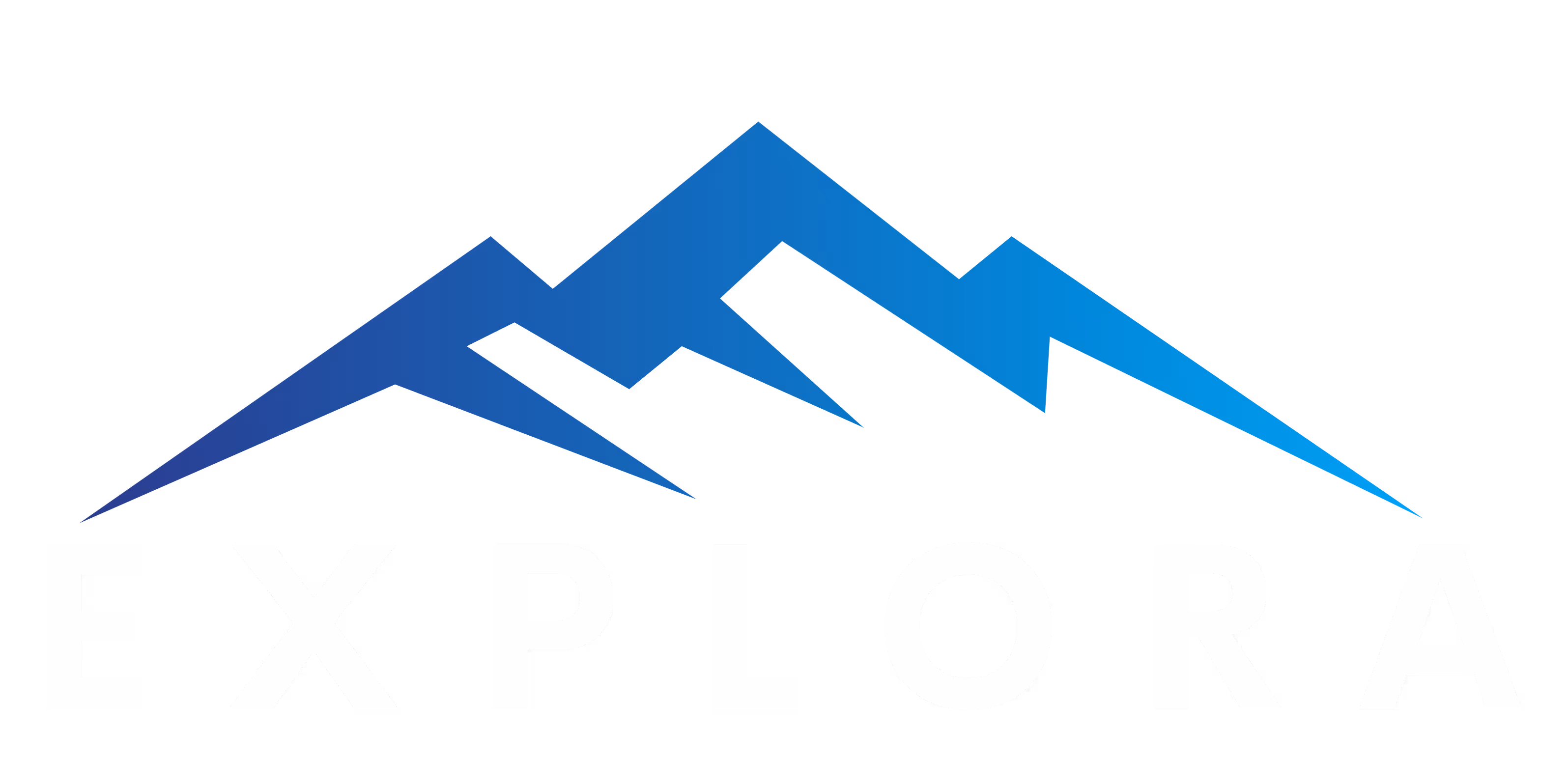 Blue stylized mountain peaks above the word 'EXPLORA' in bold white letters on a black background.