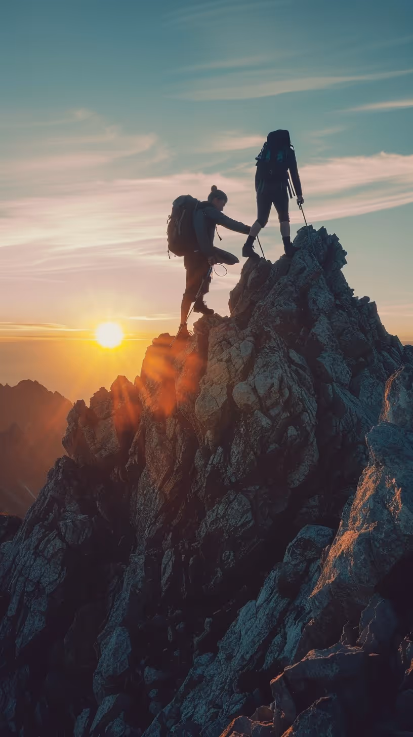 Two hikers with backpacks climbing a rocky mountain peak at sunset.