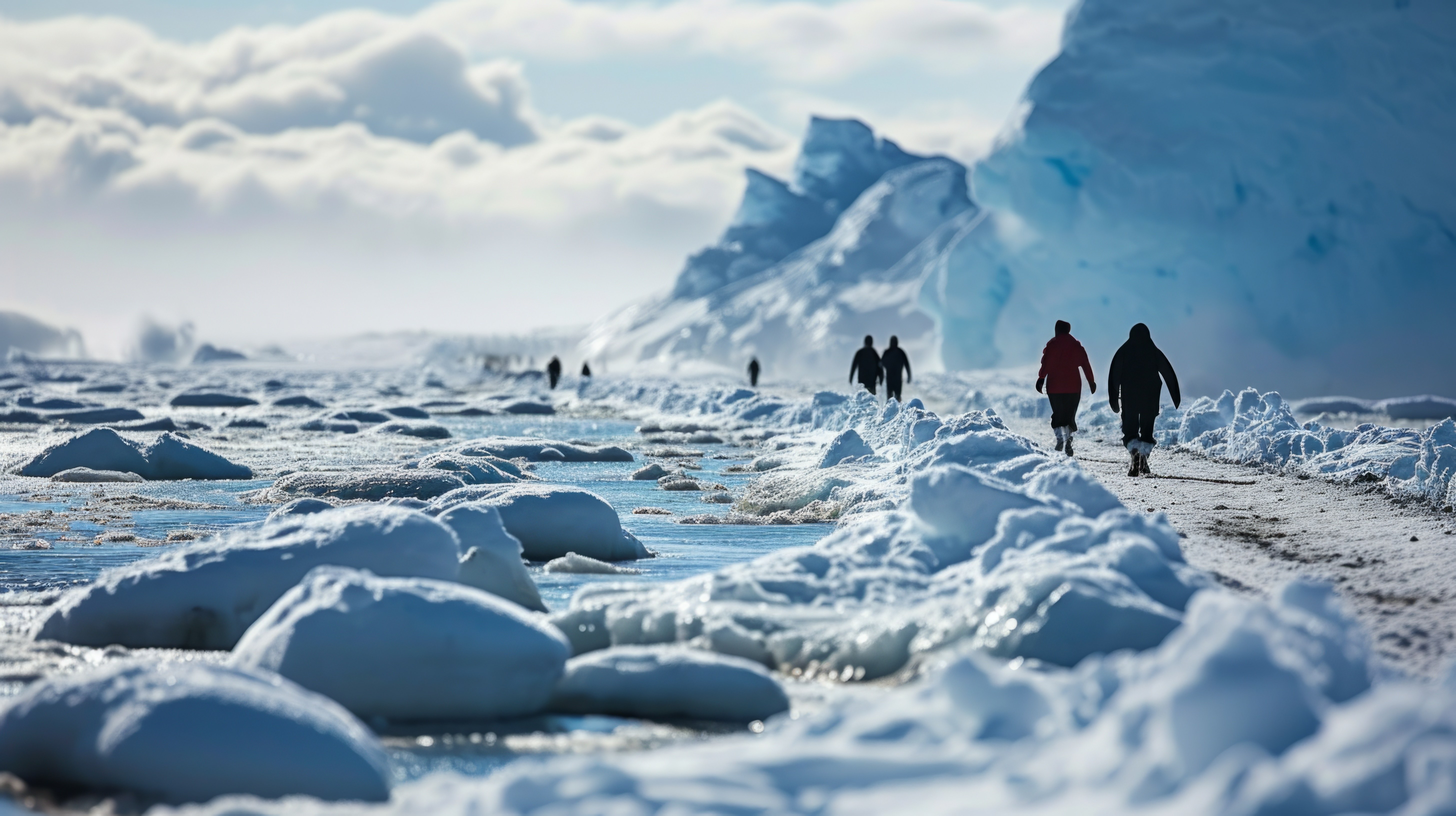 People walking along a snowy path surrounded by icebergs and icy water under a cloudy sky.