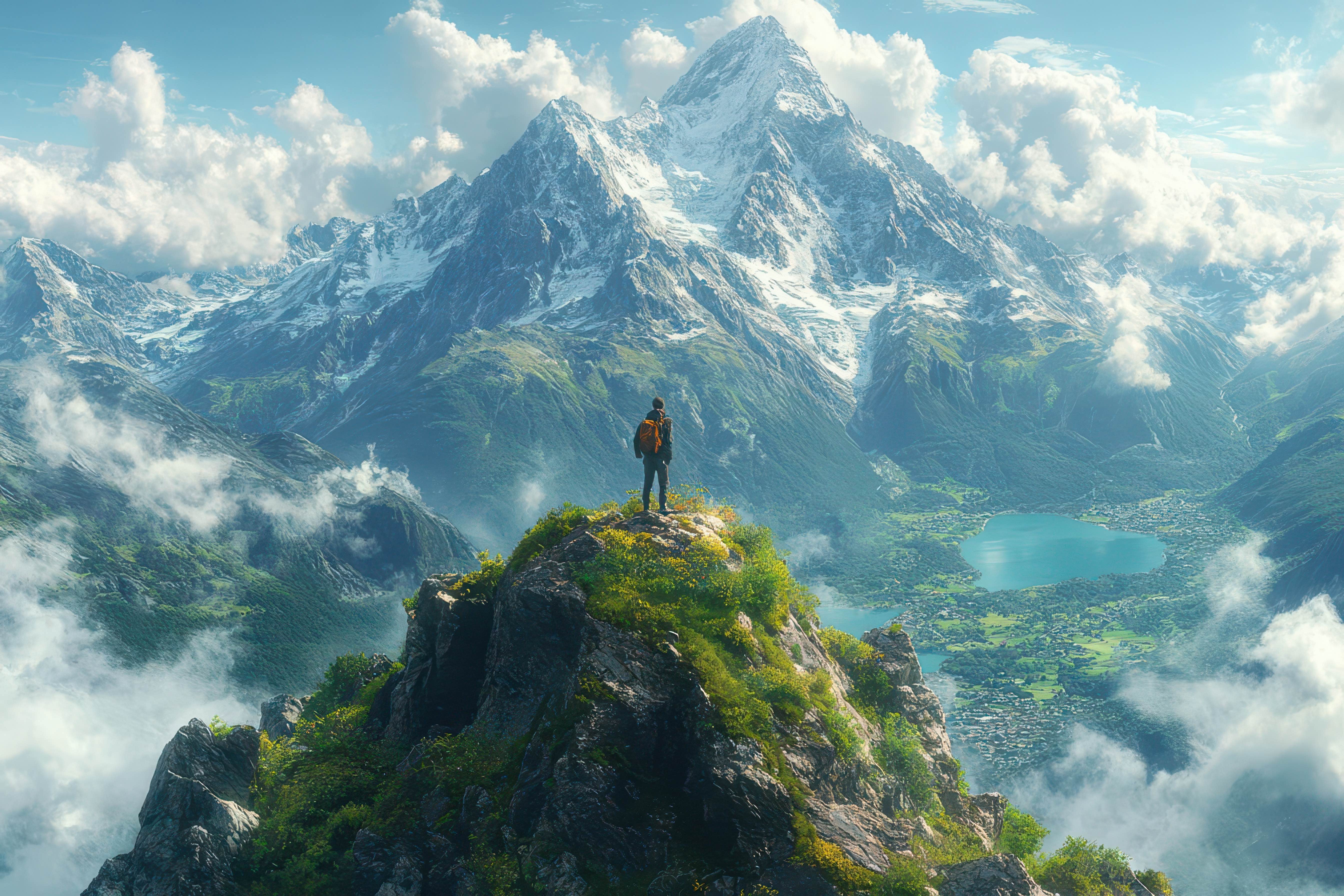 Hiker with an orange backpack stands on a rocky, green mountain peak overlooking a valley with lakes and majestic snow-covered mountains under a partly cloudy sky.