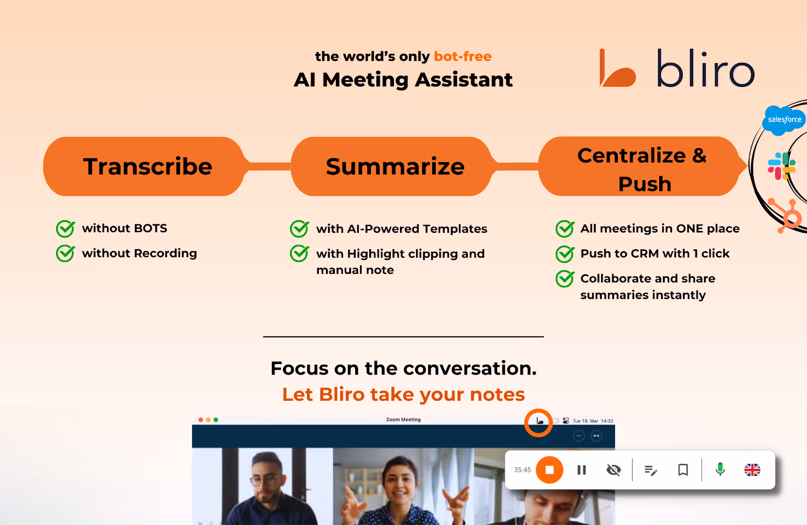 Bliro - World's only bot-free AI Meeting Assistant. Transcribe, Summarize and Push