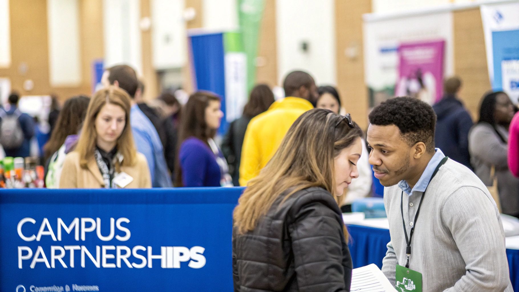 University students at a career fair, engaging with recruiters