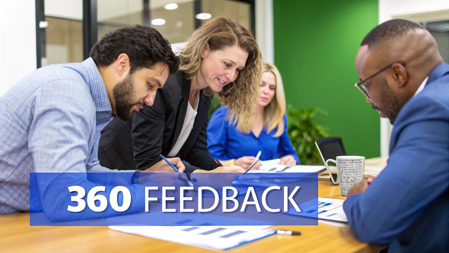 An infographic illustrating the multi-source nature of 360-Degree Feedback, with an employee at the centre receiving input from their manager, peers, and direct reports.