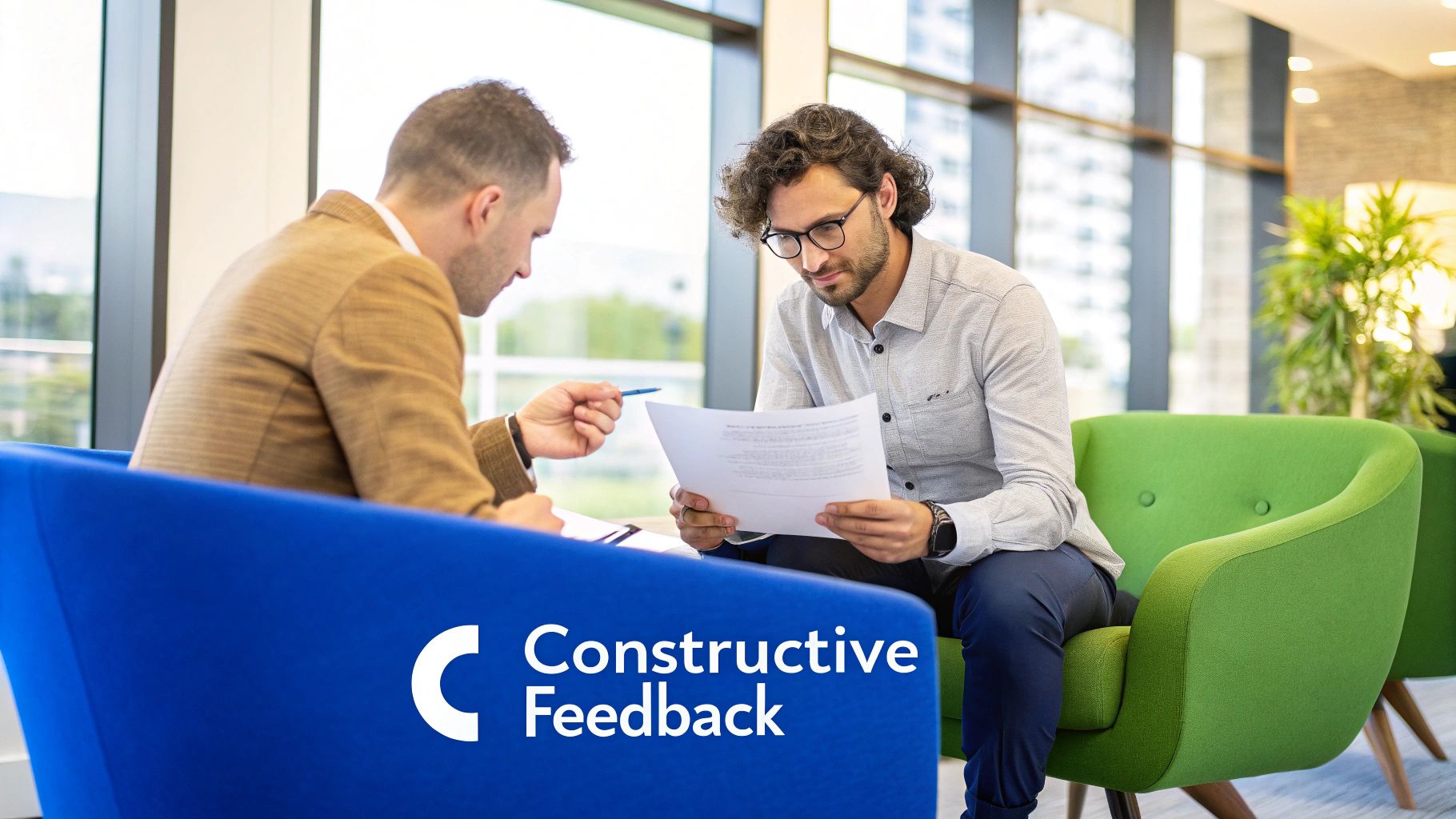 Manager giving constructive feedback to a colleague in an office.