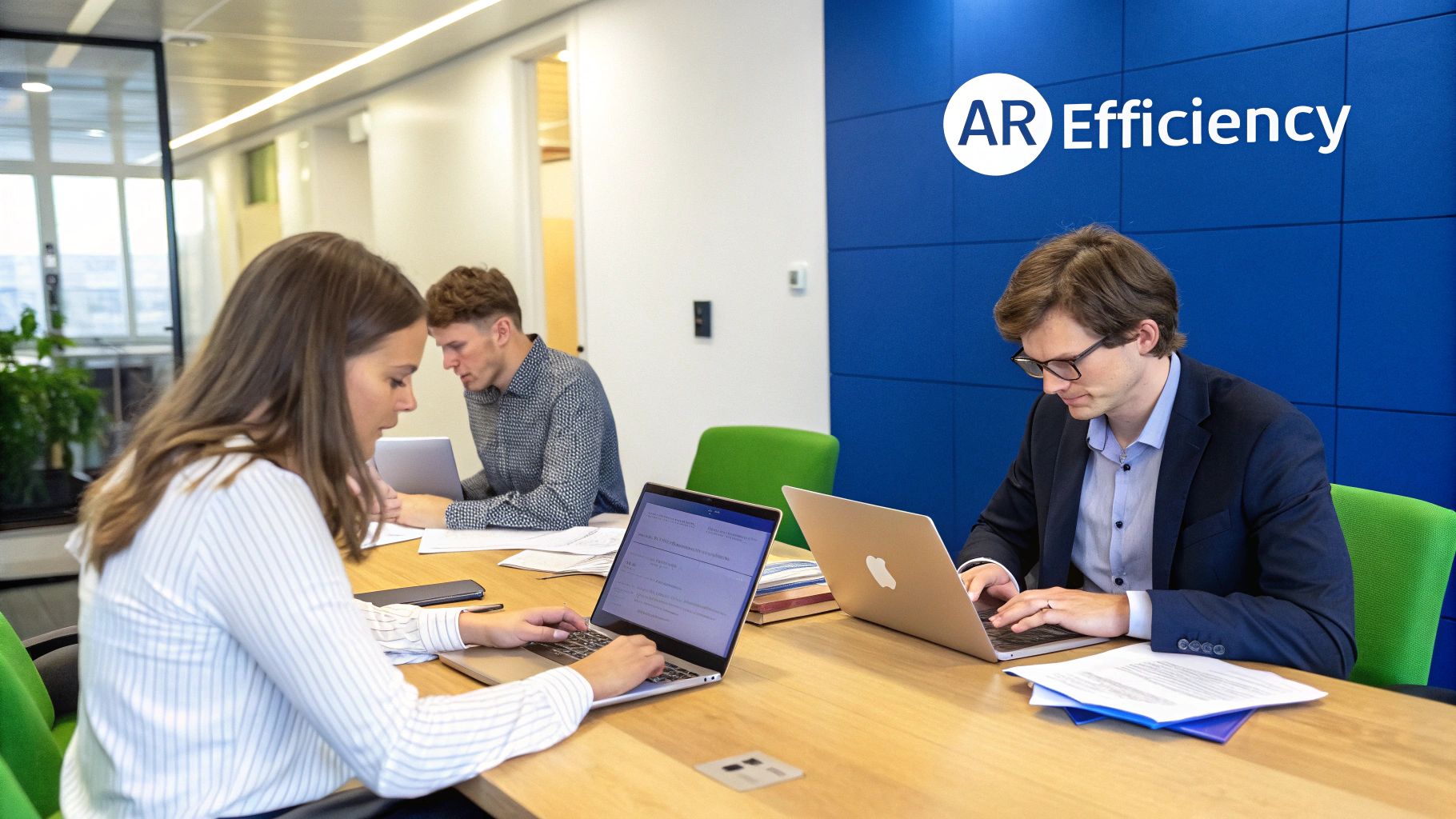 A professional business meeting discussing financial charts and graphs.