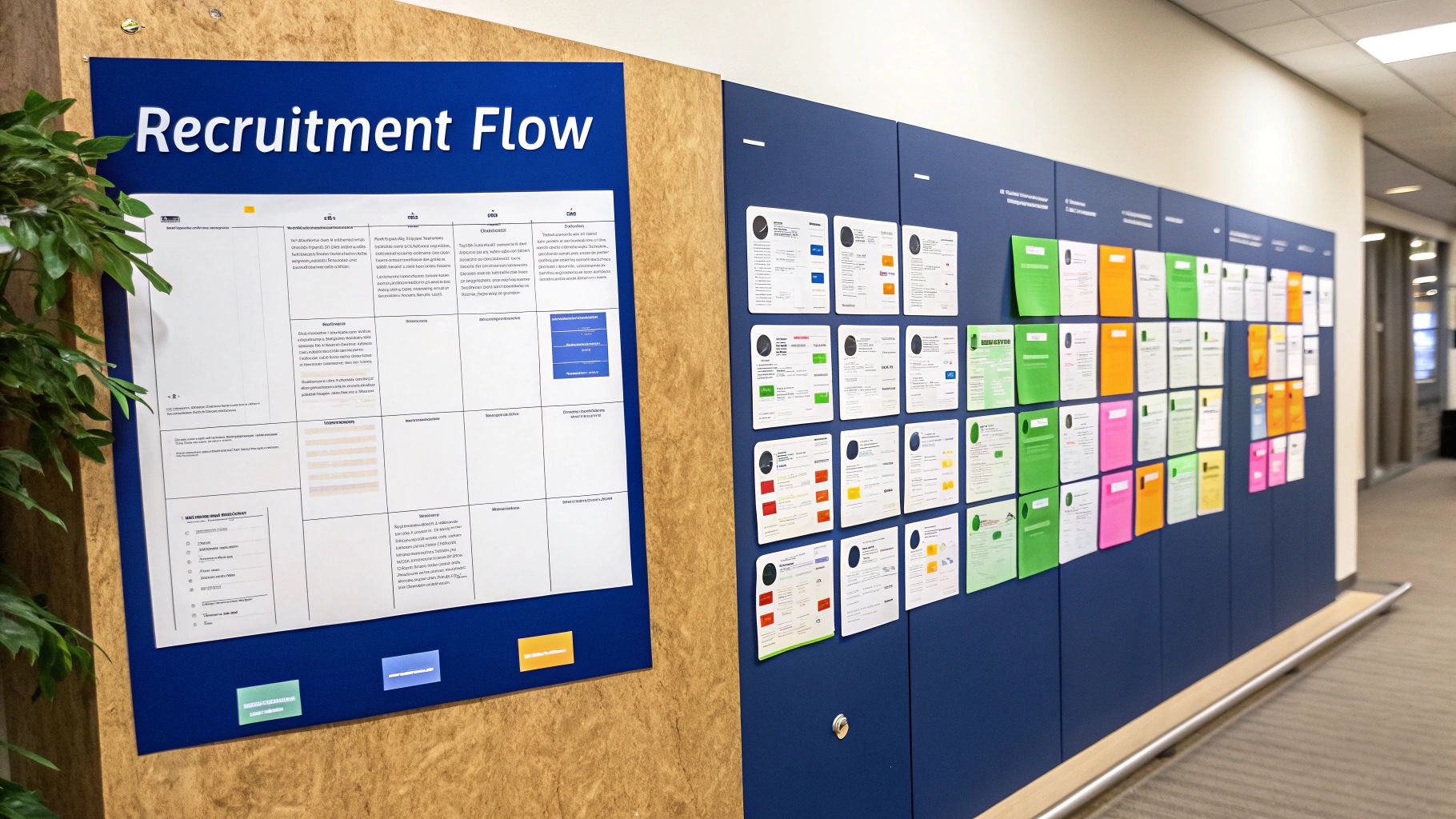 A person using a Kanban board with sticky notes to track different stages of a recruitment process.