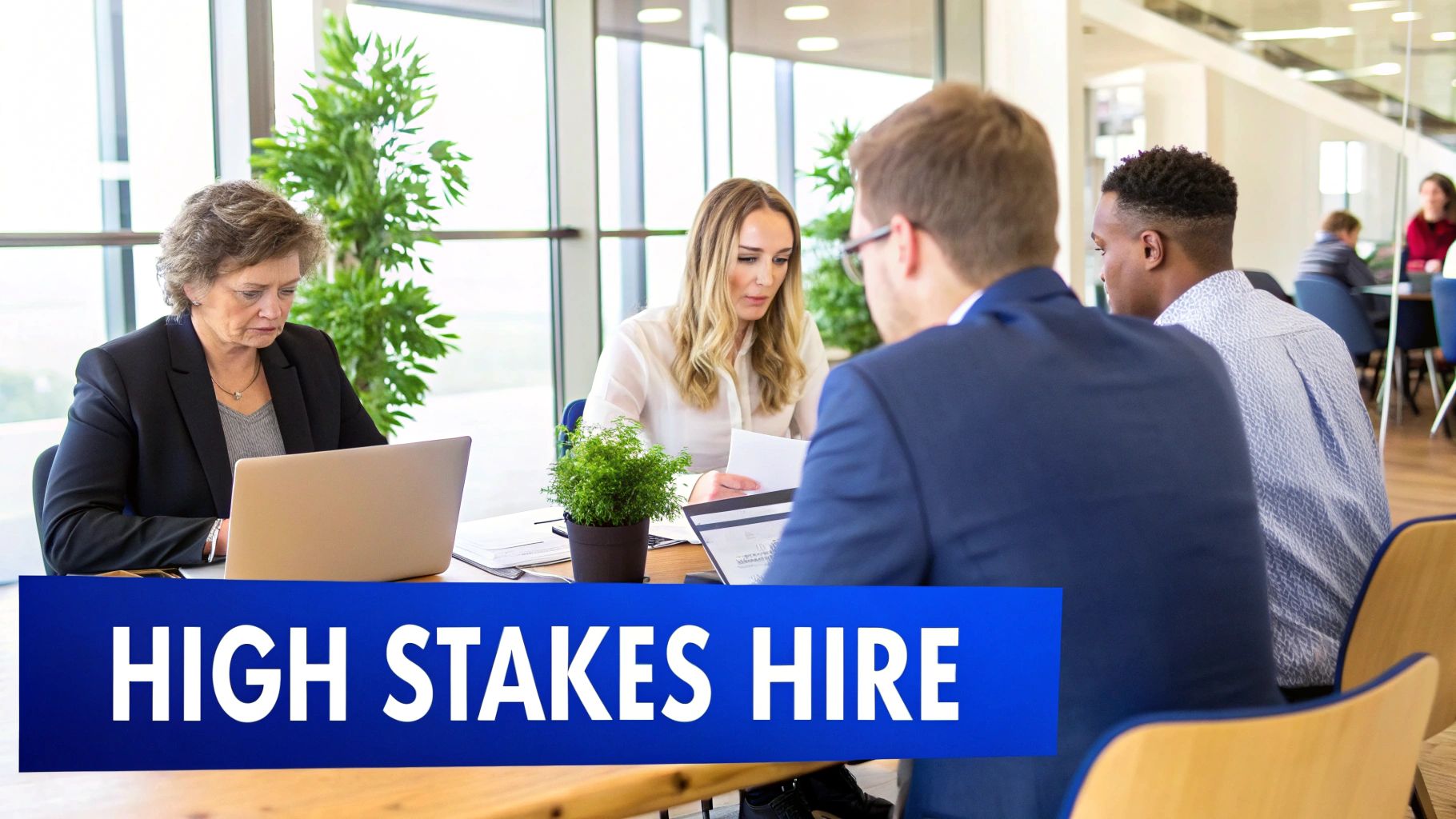 A team of recruiters collaborating around a table, mapping out a hiring process on a large sheet of paper with sticky notes and markers.