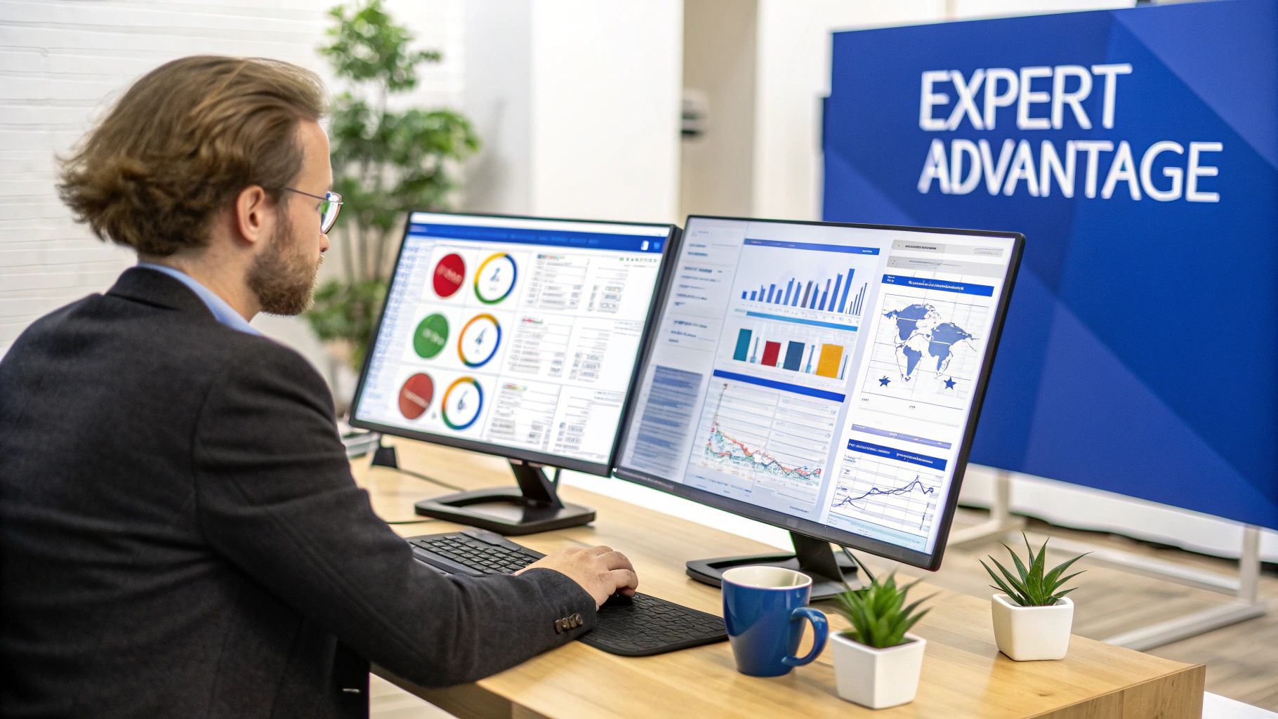 A person analysing SEO data on multiple computer screens.