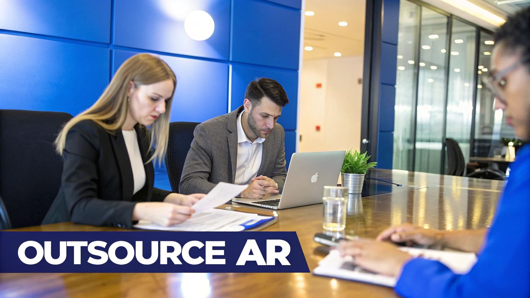 A professional reviewing financial documents on a laptop, symbolising the efficiency of accounts receivable outsourcing.