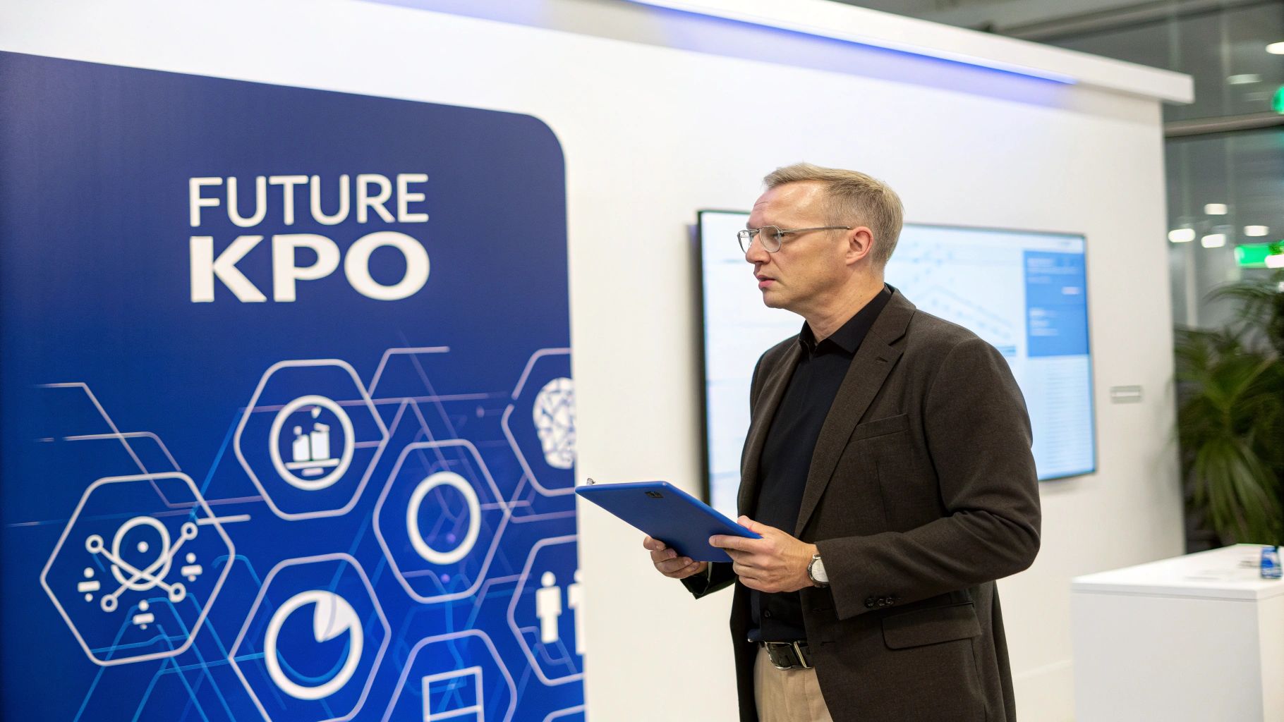 A futuristic interface showing data analytics and AI-driven insights, representing the evolution of KPO.